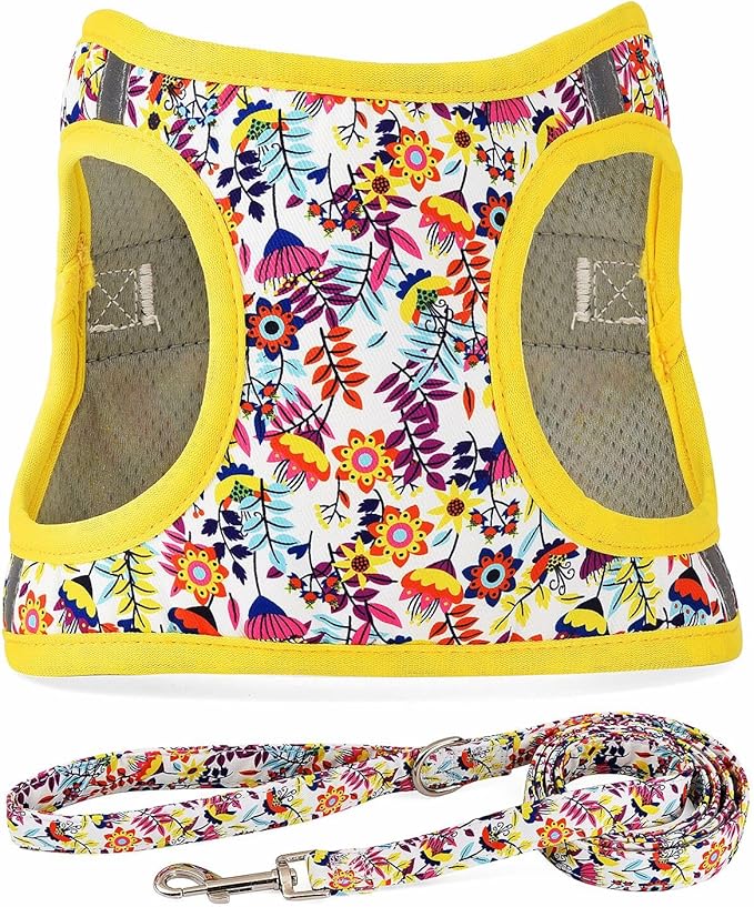 Moonpet Step in Dog Harness Leash Set- All Weather Reflective No-Pull Floral Pattern Padded Mesh Vest Harness for Cats Puppy Extra-Small Small Medium Large Dogs - White Flower - S