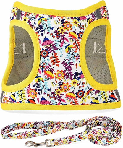Moonpet Step in Dog Harness Leash Set- All Weather Reflective No-Pull Floral Pattern Padded Mesh Vest Harness for Cats Puppy Extra-Small Small Medium Large Dogs - White Flower - S