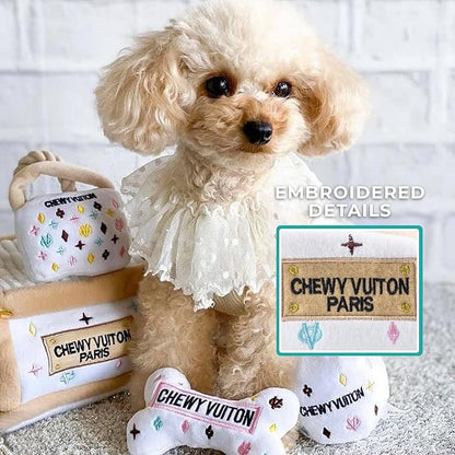 Haute Diggity Dog Chewy Vuiton Trunk Puzzle with 3 Plush Squeaky Dog Toys, Soft Durable Designer-Inspired Stuffed Puppy Chew Toys for Small & Medium Dogs, Machine-Washable (White) One Size