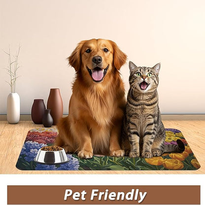 Tulip Lavender Pet Feeding Mat,Vintage Flower Fields Absorbent Quick-Dry Cat Dog Food and Water Bowl Mats,Non-Slip Rubber Backing Mat,Cat Dog Accessories Supplies 16"x24"