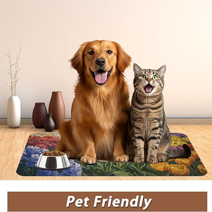 Tulip Lavender Pet Feeding Mat,Vintage Flower Fields Absorbent Quick-Dry Cat Dog Food and Water Bowl Mats,Non-Slip Rubber Backing Mat,Cat Dog Accessories Supplies 12"x20"