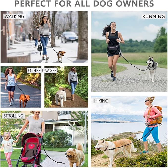 LANNEY Hands Free Dog Leash, Waist Running Leash with Zipper, Walking Pouch for Medium Large Dogs, Dual Handle and Retractable Bungee for Training Jogging Hiking(25-120 lbs, Grey)