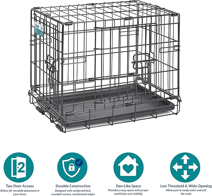 MidWest Homes for Pets 18-Inch iCrate for Tiny Breeds, Up to 10 lbs, Double Door Folding Dog Crate with Divider Panel, Leak-Proof Tray & Secure Latches, Portable, Durable & Easy to Assemble