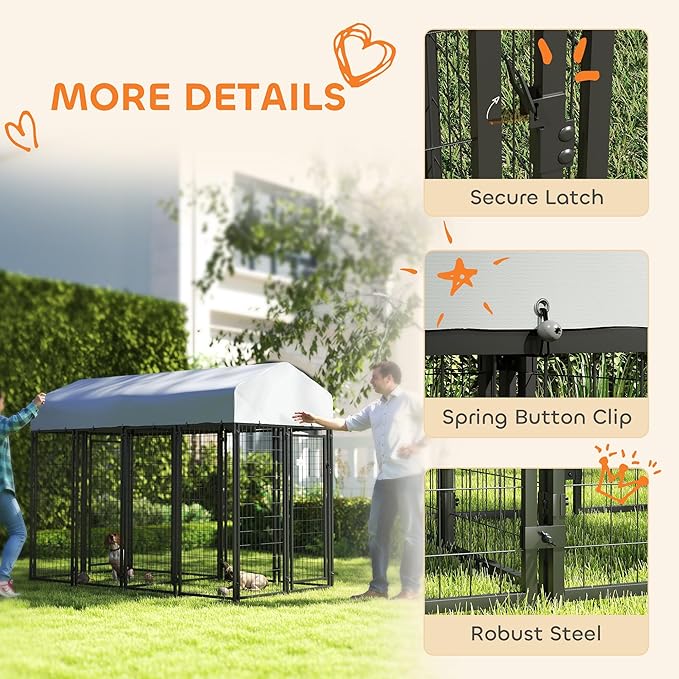 PawHut Outdoor Dog Kennel with 2 Rooms, 8' x 4' x 6' Heavy Duty Welded Wire Dog Playpen Enclosure with Escape-Proof Lock, UV-Resistant & Waterproof Cover, for Large Dogs, Chickens, Ducks, Silver