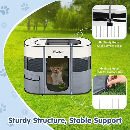 Dog Playpen, Portable Pet Cat PlayPen, 600D Oxford Dog Kennel Tent Crate, Waterproof&Breathable, Indoor Outdoor Travel Camping for Medium/Large Breed with Carrying Case+Bowl(M), Gray