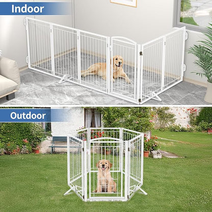 Metal Freestanding Dog Gate with Cat Door for Indoor&Outdoor,120" Extra Wide Foldable Pet Gate,32" Tall Foldable Indoor Dog Fence for Wide Openings Stairs,Deck,Yard,Doorways(6 Panels,White)