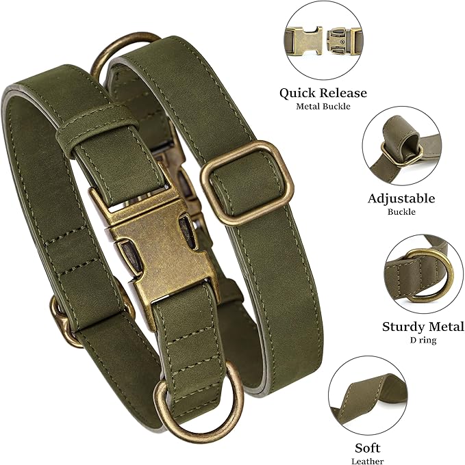 Didog Soft PU Leather Dog Collar, Stylish Quick Released Dog Collars for Medium Dogs, Easy Clean Adjustable Pet Collar for Daily Walking, Dark Green, M Fit 14-18" Neck