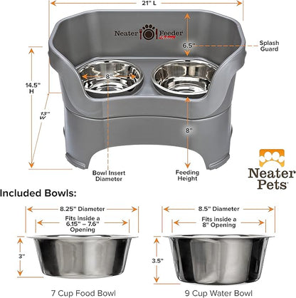 Neater Pet Brands Neater Feeder Deluxe Mess Proof Dog Bowls Elevated for Large Dogs Over 40 lbs, Made in USA, No Spill Raised Dog Food Bowl Stand Feeding Station, Food and Water Bowl Set, Grey