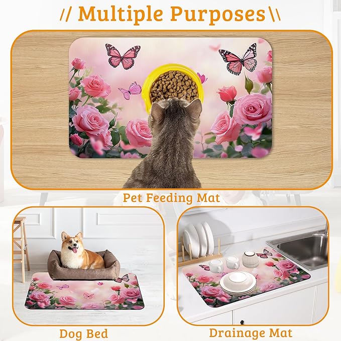 Rose Pink Dog Cat Food Mat,Butterfly Absorbent Waterproof Placemat for Food and Water Non Slip Rubber Backing Durable Feeding Pad for Clean Floors 16" x 24"