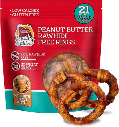 Country Kitchen Rawhide Free Peanut Butter Rings Dog Chews, Made with Real Peanut Butter, Highly Digestible, Gluten Free, 21 Count