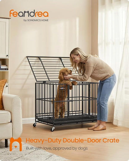 Feandrea Heavy-Duty Dog Crate, 5-Minute Quick Assembly, Foldable Dog Kennel Cage with Lockable Wheels, Double Doors, Escape Proof Fixed Bottom, Removable Tray, Easy to Clean, Ink Black, 37 Inch