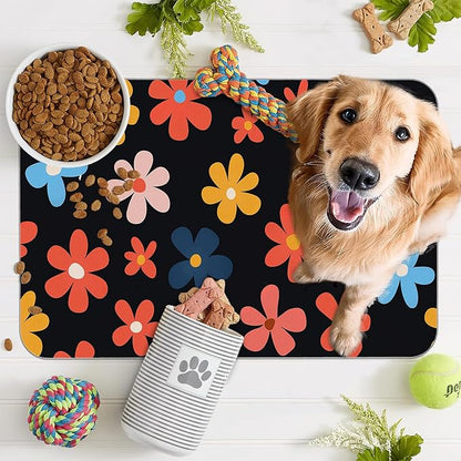 Abstract Groovy Flower Dog Food Mat for Floors,Absorbent Pet Food and Water Bowl Mats,Non-Slip Pet Feeding Mat,Pet Supplies 12" x 20"