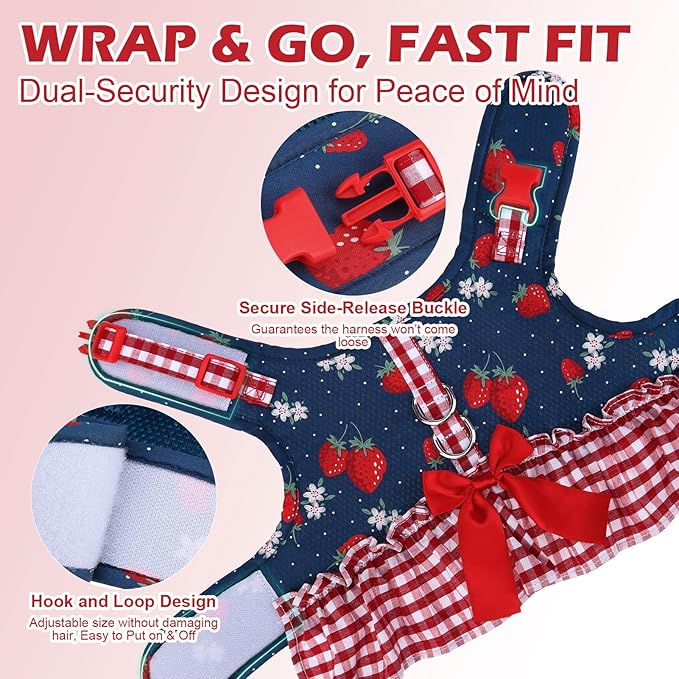 EXPAWLORER Dog Harness Small Medium Sized Dogs, Plaid Dog Dress Bowknot Harness and Leash Set, No Choke No Pull Soft Mesh Vest Cute Princess Puppy Outfits Clothes Costume for Girls Party Cats Navy XS