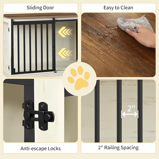 Hzuaneri 54" Dog Crate Furniture for 2 Dogs, Double Dog Cage with Divider, Wooden Heavy Duty Dogs Kennel, Pet Cage with Barn Door, TV Stand for Large Small Medium Pet, White Brown DFC88314B