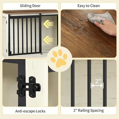 Hzuaneri 54" Dog Crate Furniture for 2 Dogs, Double Dog Cage with Divider, Wooden Heavy Duty Dogs Kennel, Pet Cage with Barn Door, TV Stand for Large Small Medium Pet, White Brown DFC88314B