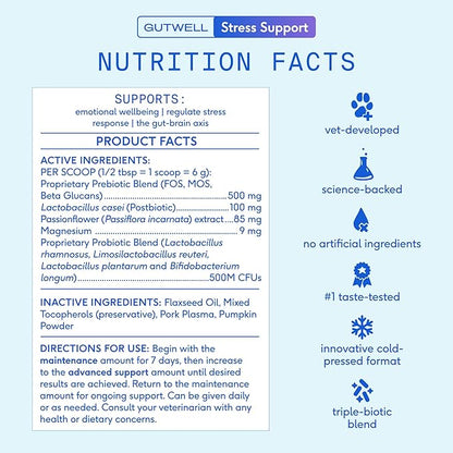 Native Pet GutWell Stress Support - Dog Anxiety Relief & Calming Supplement - Promotes Emotional Wellbeing, Regulates Stress Response & Balances Gut-Brain Axis - Triple-Biotic & Magnesium -120 Scoops