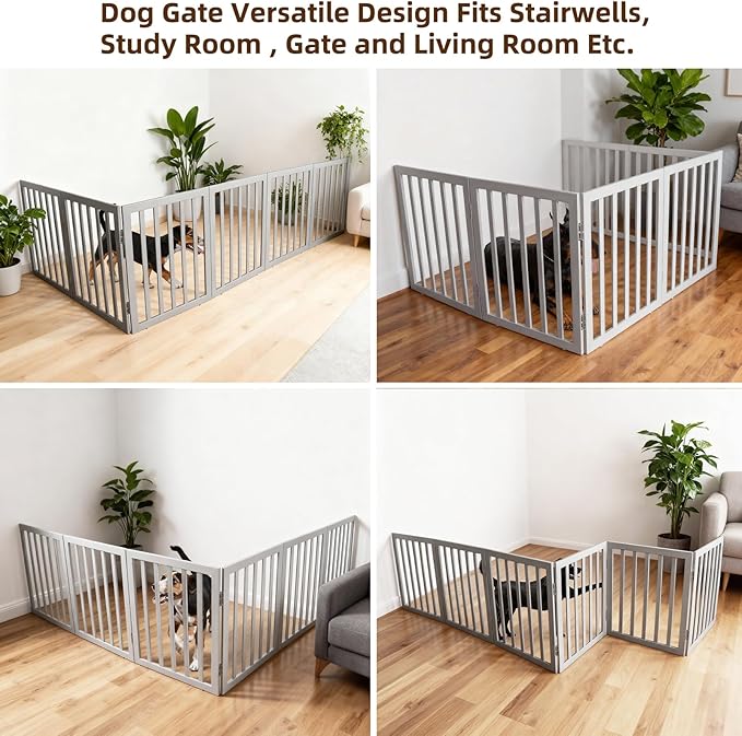 ZJSF Freestanding Indoor Dog Gate for House Foldable Wood Grey Puppy Gate for Doorways Pet Gate for Stairs Extra Wide Pet Fence 32" Height 6 Panels