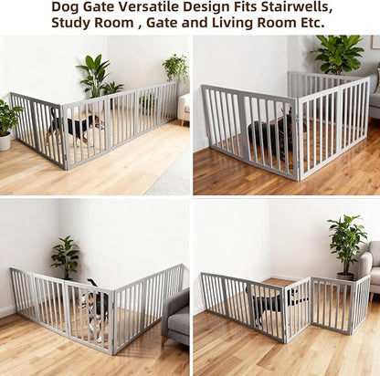 ZJSF Freestanding Indoor Dog Gate for House Foldable Wood Grey Puppy Gate for Doorways Pet Gate for Stairs Extra Wide Pet Fence 24" Height 6 Panels