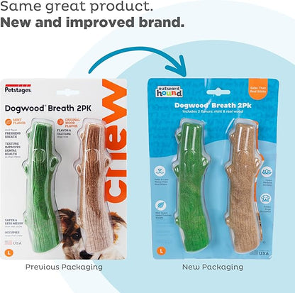 Pupstages by Petstages Dogwood Breath Dog Chew Toy – Real-Wood Blend, Moderate Chewers, Large, 8", 2-Pack (Natural & Mint Flavors)