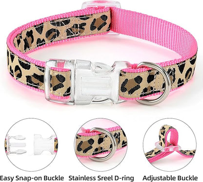 Mile High Life Leopard Dog Harness Collar Leash Set, Adjustable No Pull Dog Halter Harness for Small Breed Dogs, Easy Control for Training Walking (Pink, XS Chest 9"-15", Neck 8"-12")