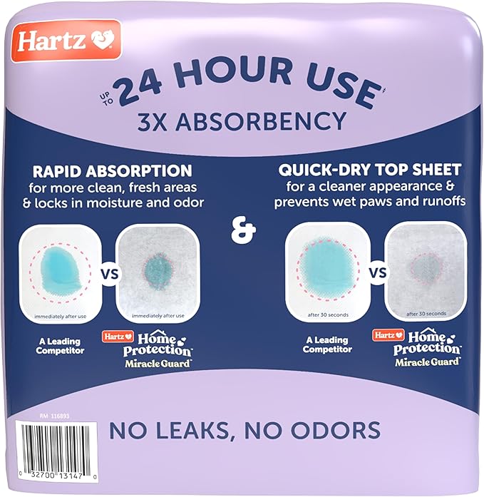 Hartz Miracle Guard Dog and Puppy Dog Pads Max Absorbency 24 Hour Use Odor Eliminating Lavender Scented No Leaks, 2XL Size 20 Count