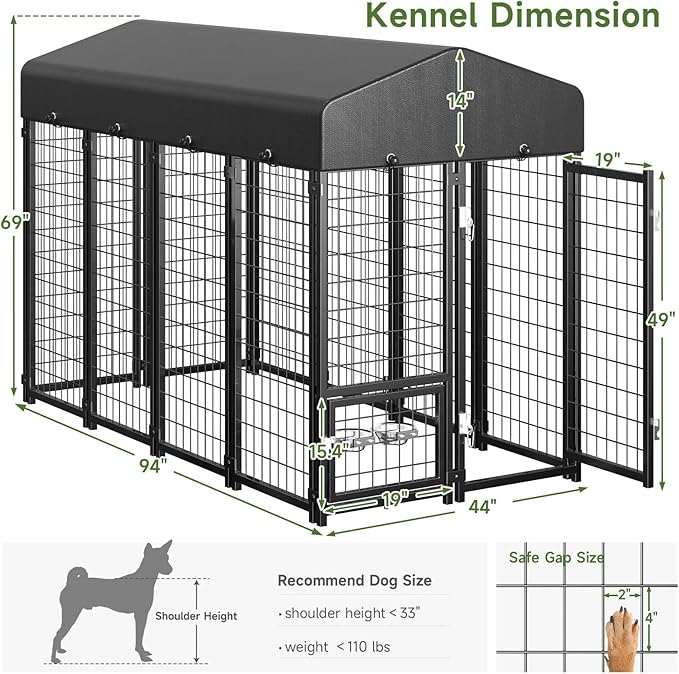 2PCS Dog Kennel Outdoor, Large Outside Dog Kennel with Roof & Swivel Feeders/Removable Doggy Door Allow Connecting Your Dog House, Heavy Duty Dog Run Pen for Medium/Large Dogs (8'Lx4'Wx6'H)