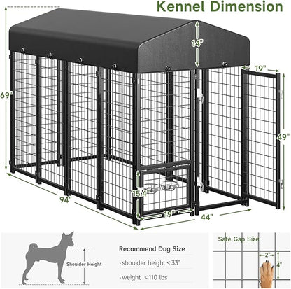 2PCS Dog Kennel Outdoor, Large Outside Dog Kennel with Roof & Swivel Feeders/Removable Doggy Door Allow Connecting Your Dog House, Heavy Duty Dog Run Pen for Medium/Large Dogs (8'Lx4'Wx6'H)