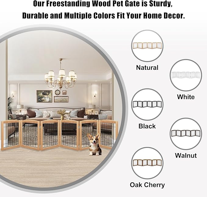LZRS 6-Panel Extra Wide Wooden Freestanding Dog Gate: Foldable Solid Wood and Steel Wire Chew Resistant Safety Barrier for Doorways, Stairs, and Open Long Spaces Indoor Use, Natural