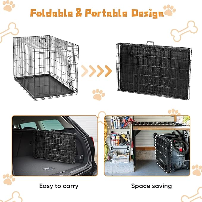 DUMOS Dog Crate, 42 Inch Large Double Door Dog Cage with Plastic Leak-Proof Pan Tray, Folding Metal Wire Pet Kennel for Indoor, Outdoor, Travel