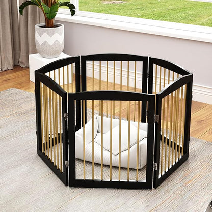 PUPETPO Freestanding Pet Gate for Dogs, Foldable Wooden Dog Gate for House, Extra Wide Indoor Pet Barrier for Stair, Doorway, Hall, Support Feet Included, 120 Inch Wide, 6 Panels 24",Black&Gold
