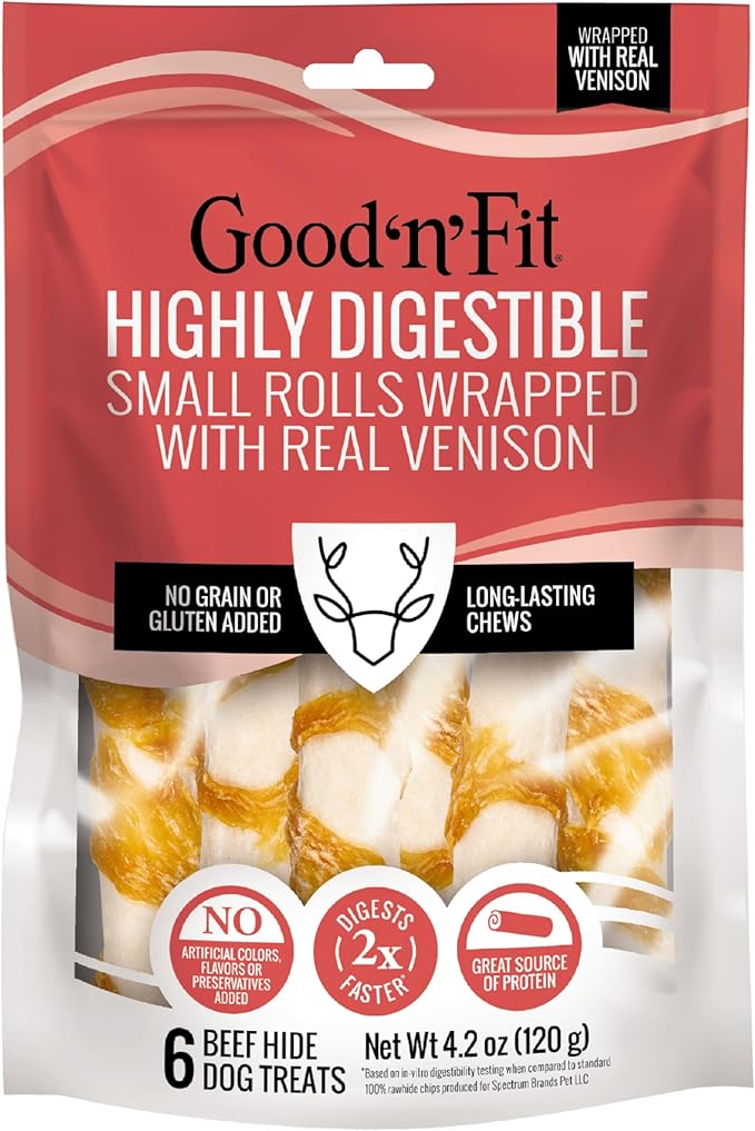 Good ‘n’ Fit Rolls Made with Real Venison, 6 Small Rolls, Treat Your Dog to Long-Lasting and Highly Digestible Rawhide Chews