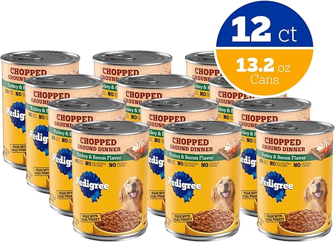 Pedigree Chopped Ground Dinner Adult Soft Wet Dog Food Turkey & Bacon Dinner, Canned Dog Food, 13.2 oz. Cans, 12 Count