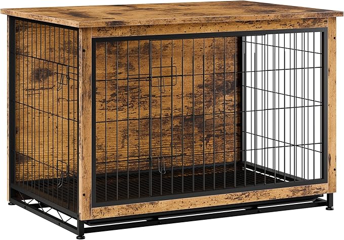 Vongrasig Dog Crate Furniture, Side End Table, Modern Wooden Kennel for Dogs Indoor, Heavy-Duty Dog Cage with Multi-Purpose Removable Tray, Double-Door Dog House, Rustic Brown