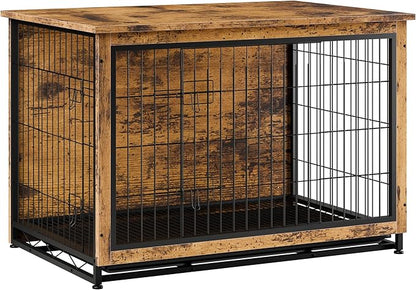 Vongrasig Dog Crate Furniture, Side End Table, Modern Wooden Kennel for Dogs Indoor, Heavy-Duty Dog Cage with Multi-Purpose Removable Tray, Double-Door Dog House, Rustic Brown