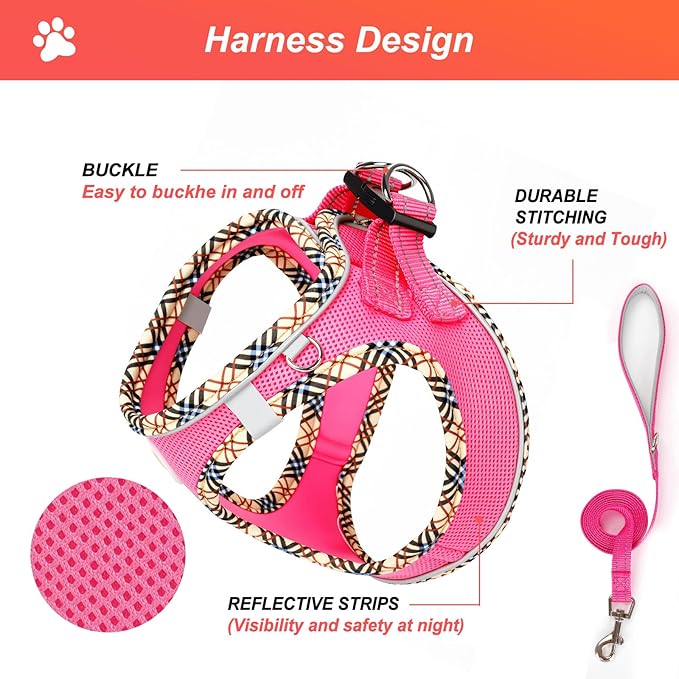Hipubby Dog Harness Small Sized and Leash Set, No Pull Soft Mesh Puppy Vest, Reflective Breathable Lightweight Pet Harness, Harness for Small Medium Dogs and Cats - Rose Red/Khaki Trim, XS