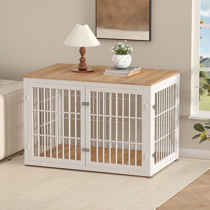 rehomerance 48 Inch Heavy Duty Dog Crate Furniture for Large Dogs, Decorative Pet House End Table, Extra Large Wooden Cage Kennel Furniture Indoor, Natural and White