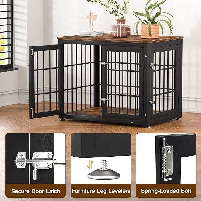 rehomerance 32 Inch Heavy Duty Dog Crate Furniture for Medium and Small Dogs, Decorative Pet House End Table, Wooden Cage Kennel Furniture Indoor, Rustic Brown