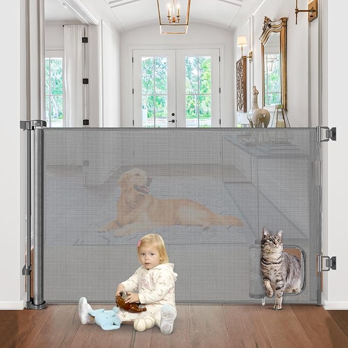 Retractable Baby Gates with Cat Door 80" Wide Retractable Dog Gate with Pet Door Outdoor Retractable Gate for Dogs Retractable Pet Gate with Door Mesh Baby Gate Retractable Mesh Dog Gate (Gray)