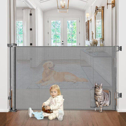 Retractable Baby Gates with Cat Door 80" Wide Retractable Dog Gate with Pet Door Outdoor Retractable Gate for Dogs Retractable Pet Gate with Door Mesh Baby Gate Retractable Mesh Dog Gate (Gray)