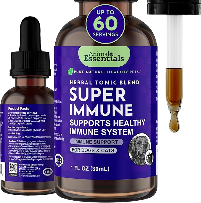 Animal Essentials Super Immune - Dog & Cat Immune Support for Puppies with Olive Leaf Extract & Echinacea, Olive Root for Dogs, Supports Respiratory Health & Overall Wellness - 1 Fl Oz