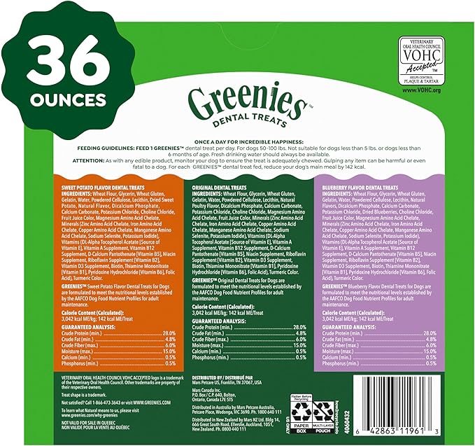 Greenies Dog Treats, Veterinarian-Recommended Natural Dental Dog Treats, Large Size, Variety Pack Flavor, (3) 12 oz. Packs, 24 Count