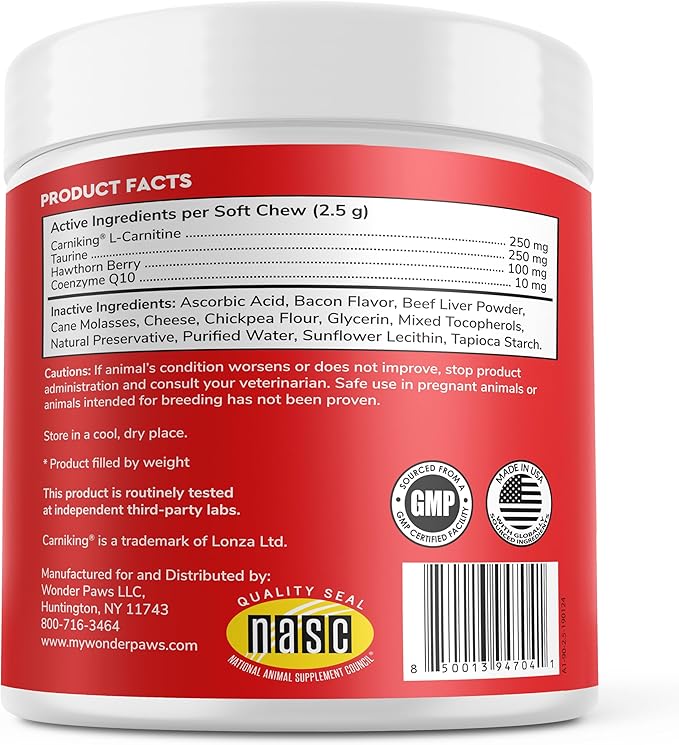 Wonder Paws Cardio Support for Dogs – Cardiovascular Chews Heart Health, Circulation, Energy & Weight Management - with L-Carnitine, Hawthorn Berry, Coenzyme Q10 & Taurine for Dogs – 90 Soft Chews