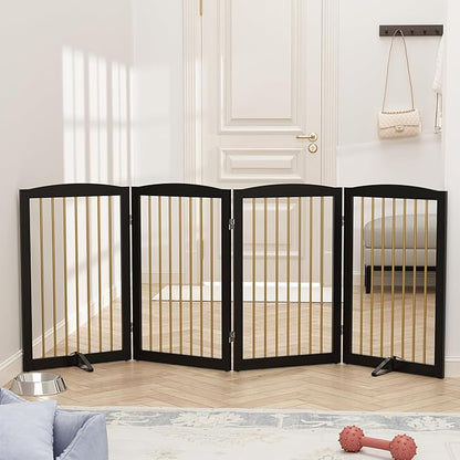 PUPETPO Freestanding Pet Gate for Dogs, Indoor Wooden Dog Gate for House, Foldable Dog Gate for Doorway, Stair, Step Over Pet Puppy Safety Fence Tall, 80 Inch Wide, 4 Panels 32", Black & Gold