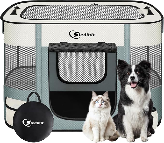 Dog Playpen,Cat Pet Puppy Pen,Portable Playpens for Dogs Indoor Outdoor Travel Camping Use,Foldable Dog Kennel Tent Crate for Rabbit Small Animals with Carrying Case (Grey, Medium)