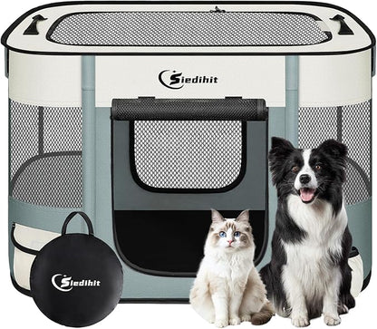 Dog Playpen,Cat Pet Puppy Pen,Portable Playpens for Dogs Indoor Outdoor Travel Camping Use,Foldable Dog Kennel Tent Crate for Rabbit Small Animals with Carrying Case (Grey, Medium)