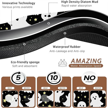 Halloween Pet Feeding Mat,Ghosts Absorbent Quick-Dry Cat Dog Food and Water Bowl Mats,Non-Slip Rubber Backing Mat,Cat Dog Accessories Supplies 16"x24"