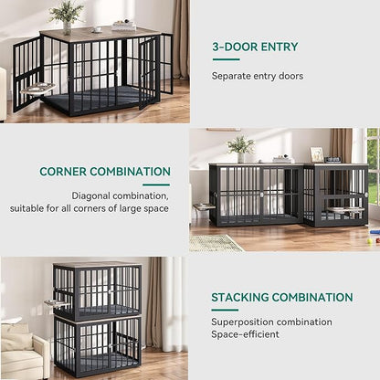 YITAHOME 88.6" Double Dog Crate Furniture, Wooden Dog Kennel with Bowls & 3 Doors, Large Double Crate Furniture TV Stand, Grey