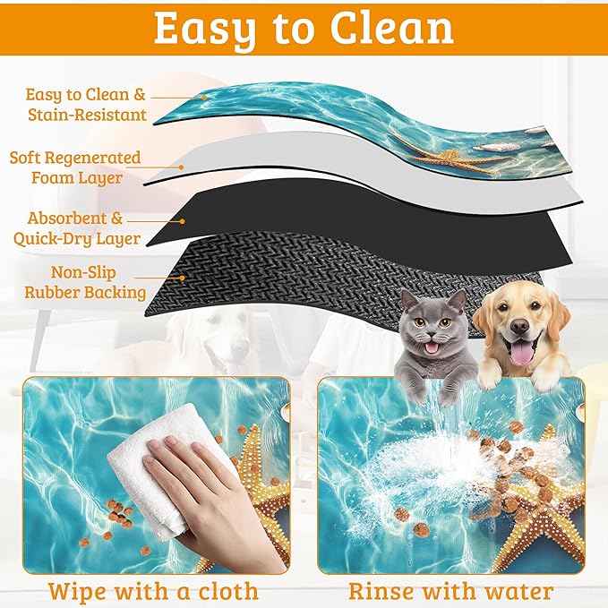 Starfish Shells Dog Cat Food Mat,Sea Beach Absorbent Waterproof Placemat for Food and Water Non Slip Rubber Backing Durable Feeding Pad for Clean Floors 16" x 24"