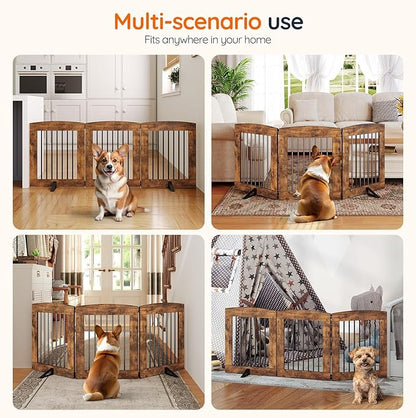 HOOBRO Indoor Dog Gate with Support Feet, Freestanding Pet Gate for Doorway, Stairs, 24 Inch 3 Panels, Folding Dog Fence, 360° Hinge for Easy Access, Sturdy Iron Pipe, Rustic Brown BF05PP03