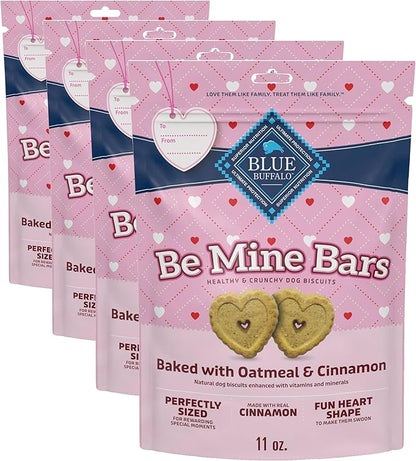 Blue Buffalo Be Mine Bars Heart-Shaped Healthy & Crunchy Dog Biscuits, Natural Valentine’s Dog Treats, Baked with Oatmeal & Cinnamon, 11-oz Bag (Pack of 4)